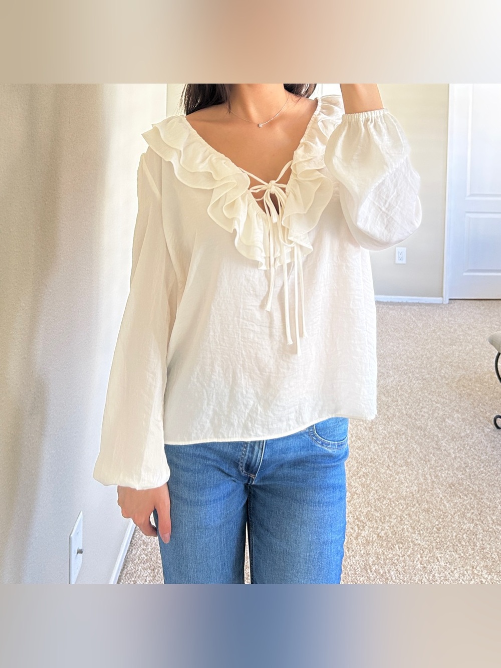 Off White Cream Ruffle V-Neck Blouse